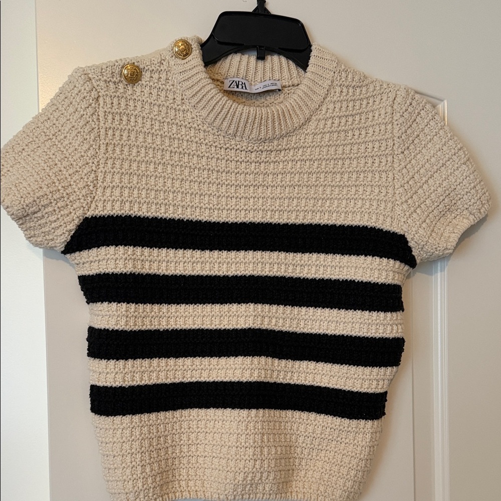 Zara Women's Black and Cream Striped Sweater with Gold Buttons